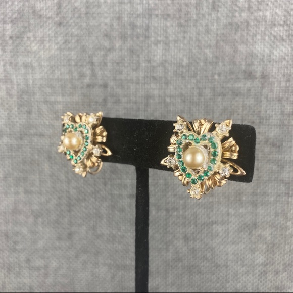 Vintage Green Rhinestone Heart + Silver Screw Back - Picture 2 of 6